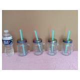 NEW 4 Glass Mason Jars with Straw & Lid
