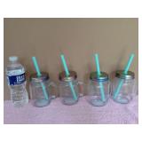 NEW 4 Glass Mason Jar with Straw &Lid