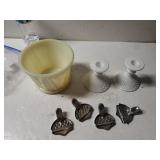 Omma 1976 Vase, Milk Glass Candle Holders And