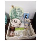 Assorted Beach Items In White Wooden Tray