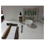 Paper Oyster Sign, Crab Meat Plastic Bowl,