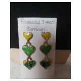 Ladies Enameled Stacked 3 Heart Earrings - Marked