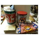 Large Christmas Popcorn Tins. Vintage Fabric,