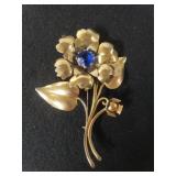 Ladies Large Blue Rhinestone Flower Pin - Marked