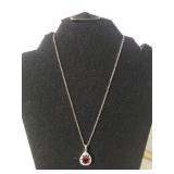 Ladies Silvertone Ruby-like Pendant Necklace -
