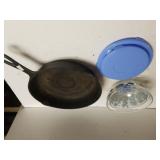 Cast Iron Skillet,  Blue Flower Glass Nesting