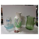 Vintage Green Glass Pitcher, Vase, Decorative
