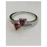 Vintage Hearts Ruby Engagement Ring Platinum Tone