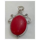 Silver Tone Red Coral Gemstone Pendant
