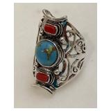 Vintage Style Turquoise & Red Coral Sleeve Ring