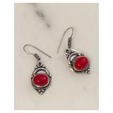Silver Tone Southwestern Red Coral Earrings