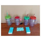 4 Plastic Drinking Mugs with Lids, 3 Have Straws