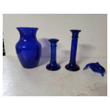 Cobalt Blue Vase, Candlesticks, And Paperweight