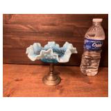 Fenton Double Crimped Blue Opalescent Footed