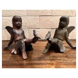 Two Small Cast Iron Fairies With Bird on Feet
