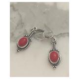 Red Coral Gemstone Earrings Silver Tone