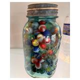 Vintage Blue Mason Jar of Vintage Marbles