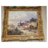 Vintage Woman With Flock Oil On Canvas Painting