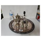 Silver Like Serving Platter, Tea Pot, Candlestick