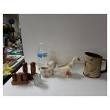 Vintage Flour Sifter, Small Vases And Wooden Salt