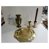 Brass Vase, Brass Like Tray And Candlesticks