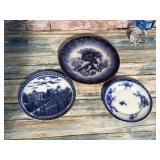 Two Antique Flow Blue Plates & Souvenir Plate
