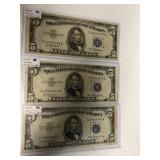 (3) 1953 Series $5 Five Dollar Blue Seal Silver