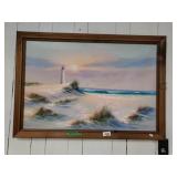 Lighthouse Beach Scene Oil On Canvas Painting