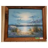 Lighthouse Beach Scene Oil On Canvas Painting