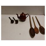Metal Teapot, Vintage Wooden Spoons And Pipes