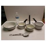 Vintage Enamel Farmhouse Pots Bowl And Spoon