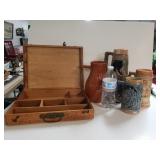 Wooden Sectioned Box, Beer Steins & Pottery Piece