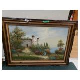 Oil On Canvas Castle By Water Painting. Signed By