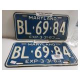 Pair Of 1963 Maryland License Plates