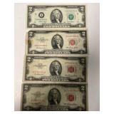(3) Red Seal $2 Two Dollar Bills & (1) Green Seal