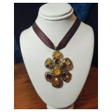 Large Gold and Brown Stone FLower Style Pendant
