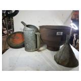 Vintage Watering Can, Lawn Mower Wheel Funnel And