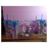 NEW Plastic Pitcher & 3 Double Wall Tumblers