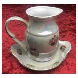 Ceramic Pitcher on Dish - Pink & Red Rose Design