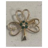 Designer Signed Gold Tone Emerald Shamrock Brooch