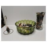 Vintage Green Glass Bowl Filled With Rocks, Vase