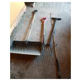 Snow Shovel,  Pitchfork. Fishing Pole, Tube