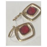 Vintage Ruby Like Gold Tone Earrings