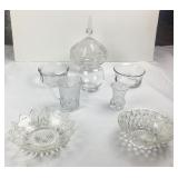 9 pcs Glass/Crystal: 11" tall covered dish, 7"