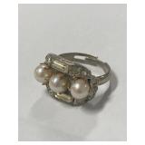 Vintage Pearl & Rhinestone Ring Silver Tone