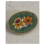 Vintage Mosaic Glass Gold Tone Brooch