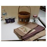 Primitive Decor Hand Towels, Winter Basket, Mugs