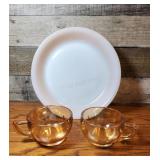 2 Jeanette Glass lusterware cups and 9" Fire King