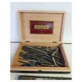 Assorted Drill Bits In Wood Cigar Box