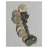 Vintage Sterling Bracelet w/various silver coins